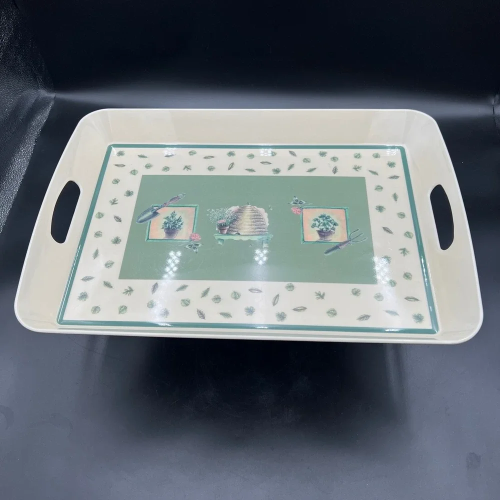 Pfaltzgraff Precidio Melamine Serving Tray Beehive Garden Herbs Green Cream 2000